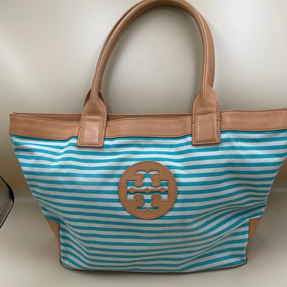 Tory Burch Handbags - Tory Burch Turquoise and White Striped Canvas Tote with Tan Trim Beach Summer